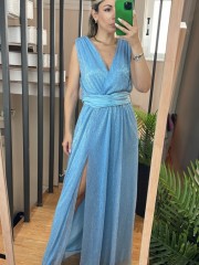 Σιελ lurex αμάνικο κρουαζέ maxi φόρεμα με ελαστική μέση και αποσπώμενη σατέν ζώνη Lynne