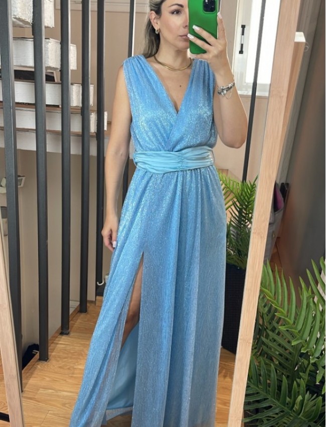 Σιελ lurex αμάνικο κρουαζέ maxi φόρεμα με ελαστική μέση και αποσπώμενη σατέν ζώνη Lynne