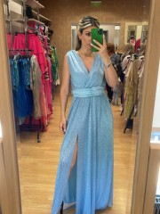 Σιελ lurex αμάνικο κρουαζέ maxi φόρεμα με ελαστική μέση και αποσπώμενη σατέν ζώνη Lynne