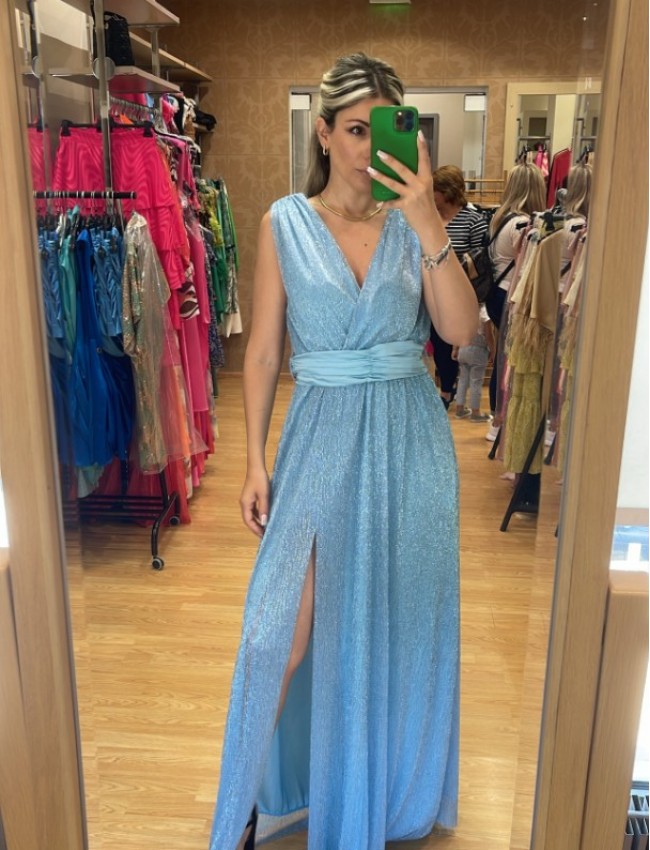 Σιελ lurex αμάνικο κρουαζέ maxi φόρεμα με ελαστική μέση και αποσπώμενη σατέν ζώνη Lynne