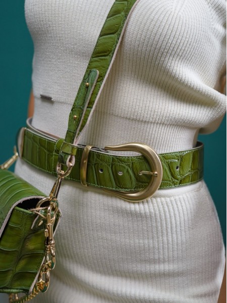 Λαχανί croco δερμάτινη χειροποίητη CROCO GREEN ζώνη  με χρυσή αγκράφα Leather Twist