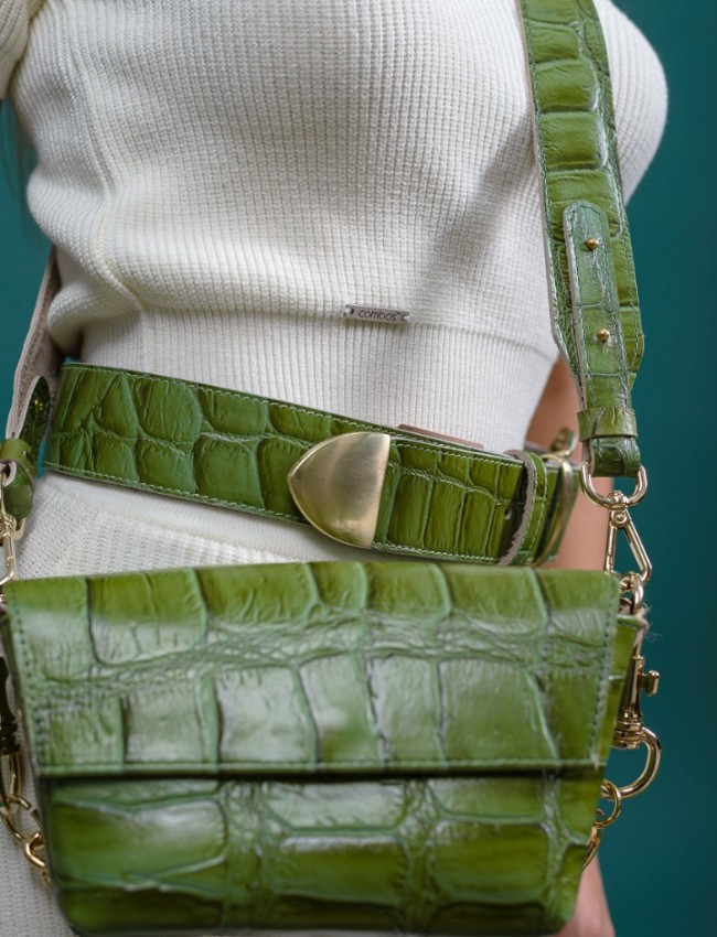 Λαχανί croco δερμάτινη χειροποίητη CROCO GREEN ζώνη  με χρυσή αγκράφα Leather Twist