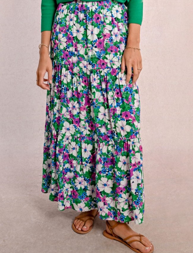 Floral printed πράσινη ψηλόμεση maxi φούστα, σε κλος γραμμή και λάστιχο στη μέση Molly Bracken 