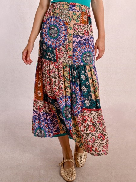 Floral printed εκάι ψηλόμεση midi φούστα σε φαρδιά γραμμή, με λάστιχο στη μέση και ένα βολάν σε επίπεδο Molly Bracken