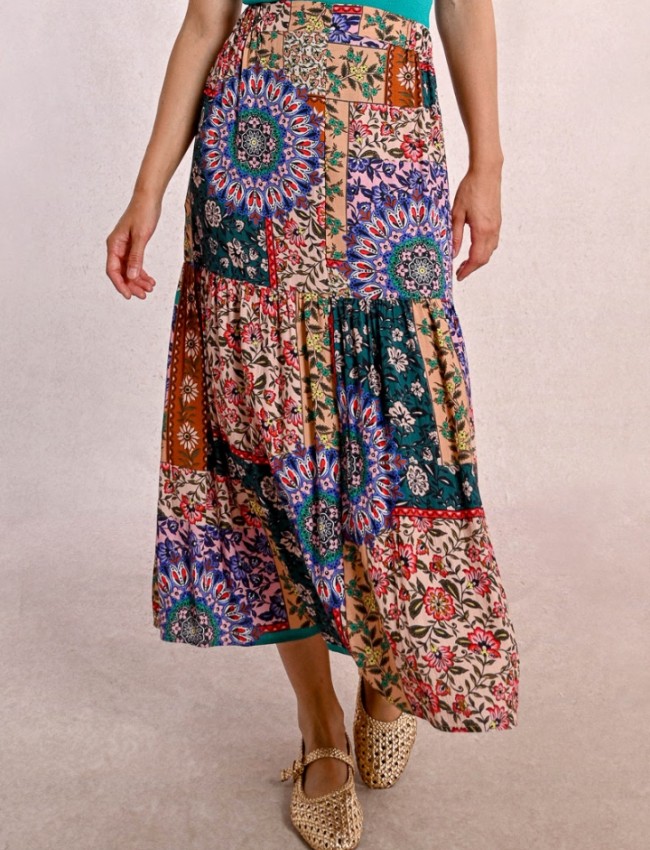 Floral printed εκάι ψηλόμεση midi φούστα σε φαρδιά γραμμή, με λάστιχο στη μέση και ένα βολάν σε επίπεδο Molly Bracken