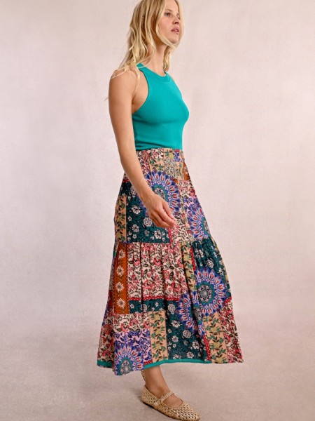 Floral printed εκάι ψηλόμεση midi φούστα σε φαρδιά γραμμή, με λάστιχο στη μέση και ένα βολάν σε επίπεδο Molly Bracken