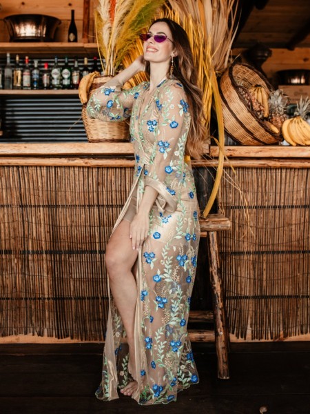 Floral printed μπεζ-γαλάζιο maxi EMMELINE φόρεμα-κιμονό Mya
