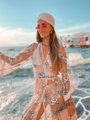 Floral printed μπεζ-γαλάζιο maxi EMMELINE φόρεμα-κιμονό Mya