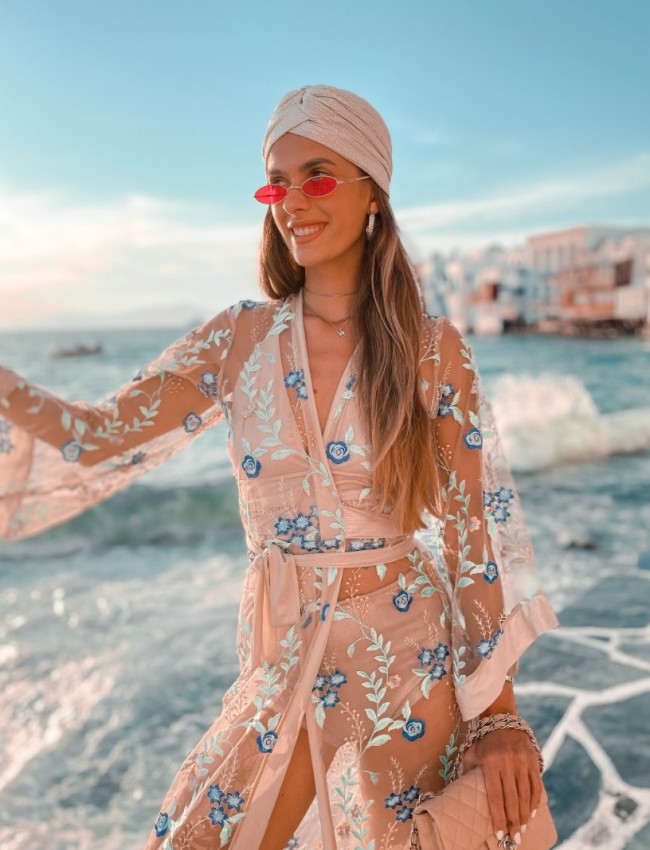 Floral printed μπεζ-γαλάζιο maxi EMMELINE φόρεμα-κιμονό Mya