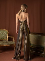 Χρυσή lurex παγετένια ψηλόμεση CLEMENCIA παντελόνα καμπάνα σε ελαστικό ύφασμα με σταθερή μπάσκα στη μέση και φερμουάρ πίσω Mya