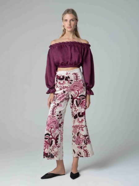 Μπεζ βελουτέ floral-printed ψηλόμεσο ελαστικό παντελόνι με λάστιχο στη μέση και κλείσιμο με φερμουάρ στο πίσω μέρος Mya