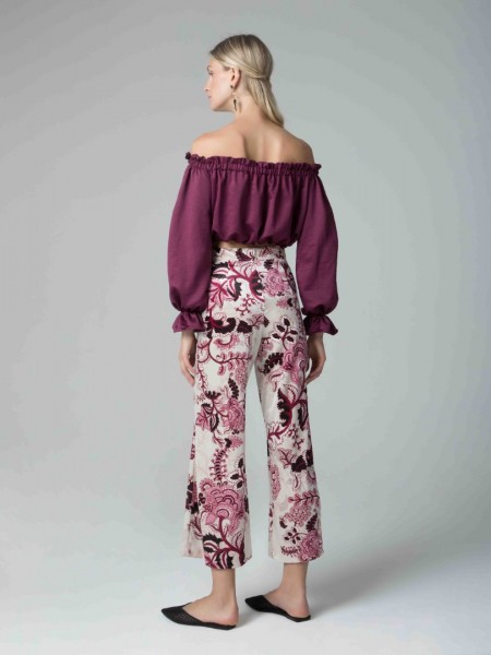 Μπεζ βελουτέ floral-printed ψηλόμεσο ελαστικό παντελόνι με λάστιχο στη μέση και κλείσιμο με φερμουάρ στο πίσω μέρος Mya