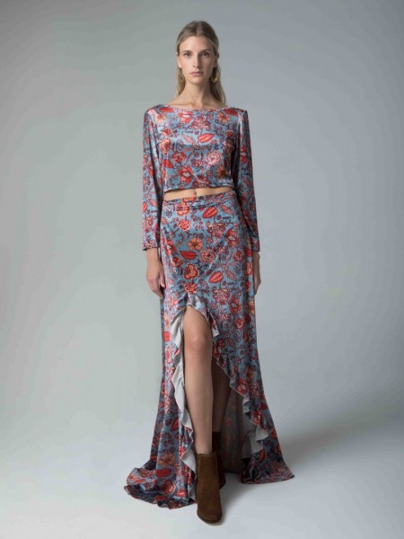 Εμπριμέ σιελ floral-printed μακρυμάνικη cropped μπλούζα με στρογγυλή λαιμόκοψη Mya 