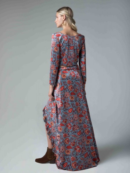 Εμπριμέ σιελ floral-printed μακρυμάνικη cropped μπλούζα με στρογγυλή λαιμόκοψη Mya 