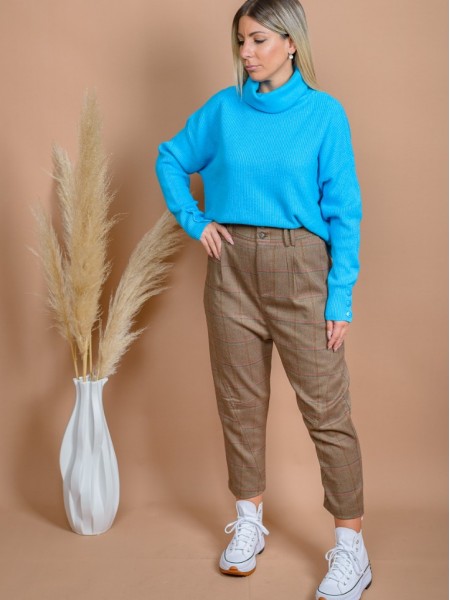 Καρώ κάμελ high waisted slouchy-fit COGNAC παντελόνι με πιέτες μπροστά, πλαϊνές τσέπες και διακοσμητικές ραφές Namaste