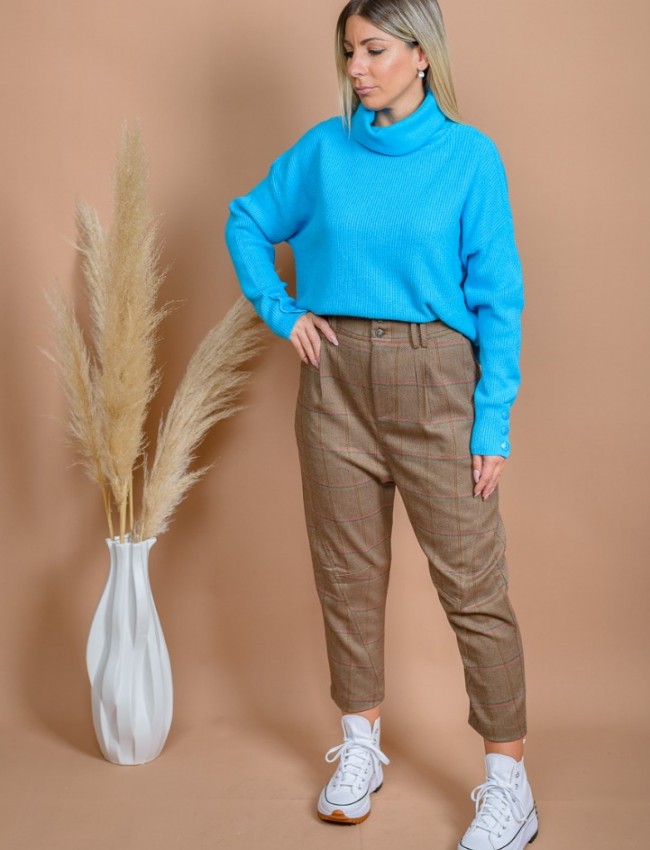 Καρώ κάμελ high waisted slouchy-fit COGNAC παντελόνι με πιέτες μπροστά, πλαϊνές τσέπες και διακοσμητικές ραφές Namaste