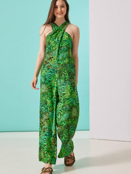Εμπριμέ πράσινη αμάνικη ELDER ολόσωμη φόρμα με χιαστή ρυθμιζόμενες τιράντεςνκαι μικρό λάστιχο στην πλάτη Namaste