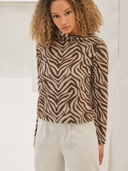 Animal printed σοκολά μακρυμάνικη πλεκτή μπλούζα PIANA , σε τετράγωνη γραμμή και πλάγια ντραπέ ζιβάγκο λαιμόκοψη Namaste 