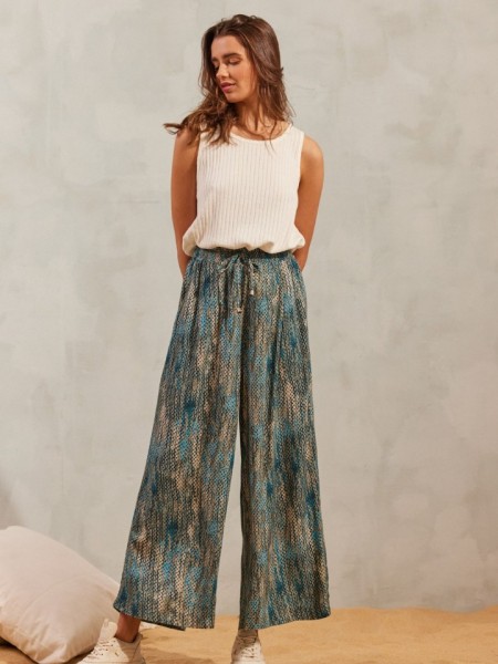 Εμπριμέ άκουα ψηλόμεση cropped παντελόνα EMILY σε χαλαρή γραμμή, πλαϊνές τσέπες και ρυθμιζόμενο κορδόνι στο λάστιχο στην μέση namaste