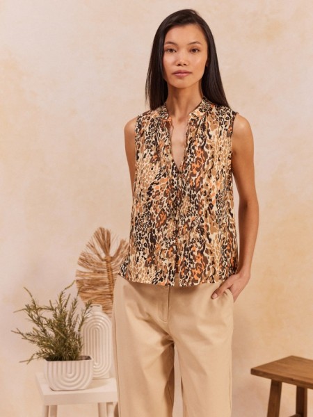 Animal printed πορτοκαλί αμάνικο EMRYN πουκάμισο, με V μάο λαιμόκοψη και κλείσιμο με κουμπιά μπροστά Namaste  