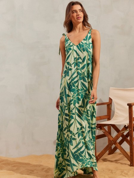 Floral printed πράσινο αμάνικο maxi AGOSTINA1 φόρεμα, σε κλος γραμμή με V-λαιμόκοψη και ρυθμιζόμενες τιράντες Namaste 