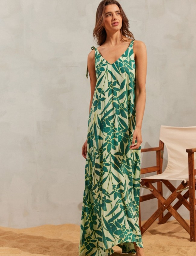 Floral printed πράσινο αμάνικο maxi AGOSTINA1 φόρεμα, σε κλος γραμμή με V-λαιμόκοψη και ρυθμιζόμενες τιράντες Namaste 