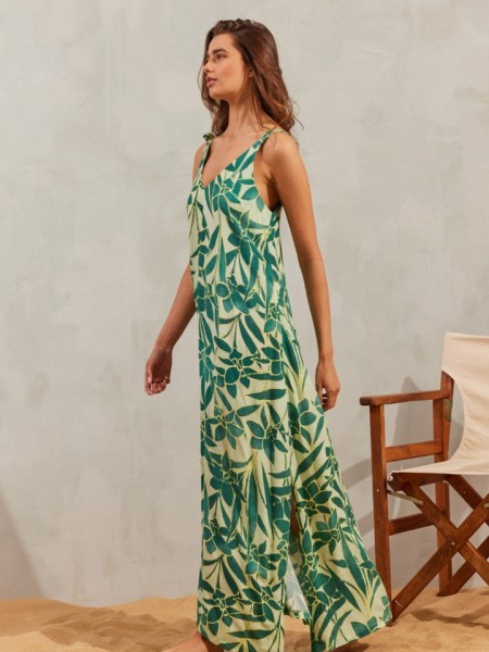 Floral printed πράσινο αμάνικο maxi AGOSTINA1 φόρεμα, σε κλος γραμμή με V-λαιμόκοψη και ρυθμιζόμενες τιράντες Namaste 