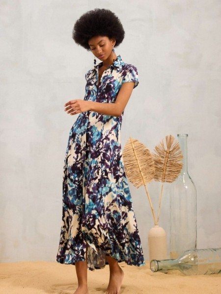 Εμπριμέ βανίλια–μωβ κοντομάνικο maxi Luna shirt look φόρεμα, σε Α-γραμμή και κλείσιμο με κουμπιά μέχρι κάτω Namaste