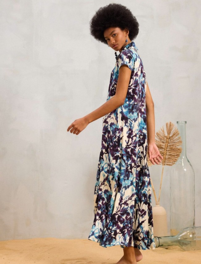 Εμπριμέ βανίλια–μωβ κοντομάνικο maxi Luna shirt look φόρεμα, σε Α-γραμμή και κλείσιμο με κουμπιά μέχρι κάτω Namaste