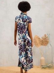 Εμπριμέ βανίλια–μωβ κοντομάνικο maxi Luna shirt look φόρεμα, σε Α-γραμμή και κλείσιμο με κουμπιά μέχρι κάτω Namaste