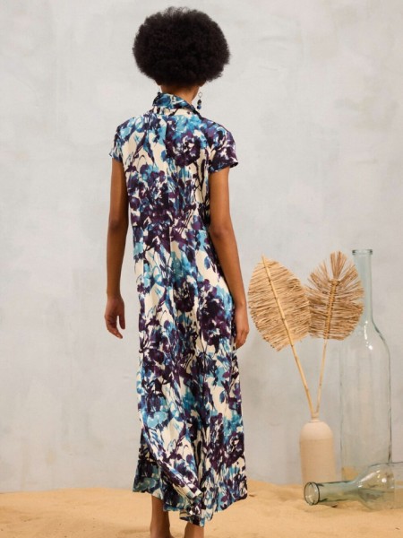 Εμπριμέ βανίλια–μωβ κοντομάνικο maxi Luna shirt look φόρεμα, σε Α-γραμμή και κλείσιμο με κουμπιά μέχρι κάτω Namaste
