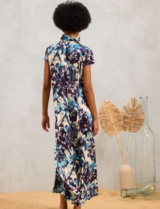 Εμπριμέ βανίλια–μωβ κοντομάνικο maxi Luna shirt look φόρεμα, σε Α-γραμμή και κλείσιμο με κουμπιά μέχρι κάτω Namaste
