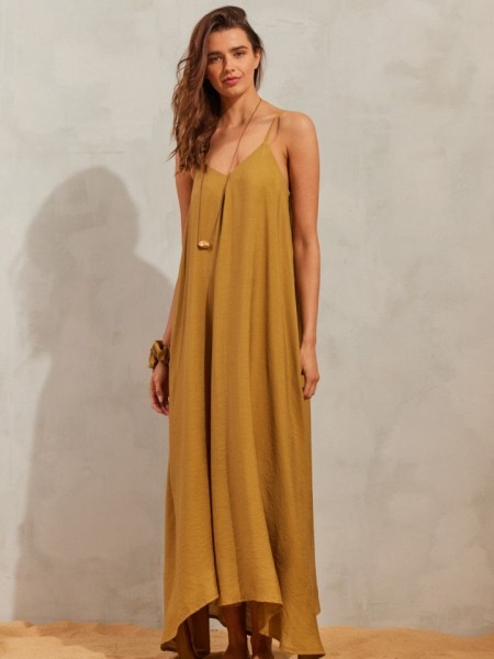 Λαδί-μουσταρδί αμάνικο ASHLEY1 maxi φόρεμα, σε κλος γραμμή, με V-λαιμόκοψη και λεπτές ρυθμιζόμενες τιράντες  Namaste 