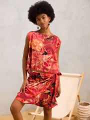 Floral printed πορτοκαλί αμάνικη μπλούζα YISETI σε τετράγωνη γραμμή, χαμόγελο λαιμόκοψη και κλείσιμο με διπλά κορδόνια στην πλάτη namaste