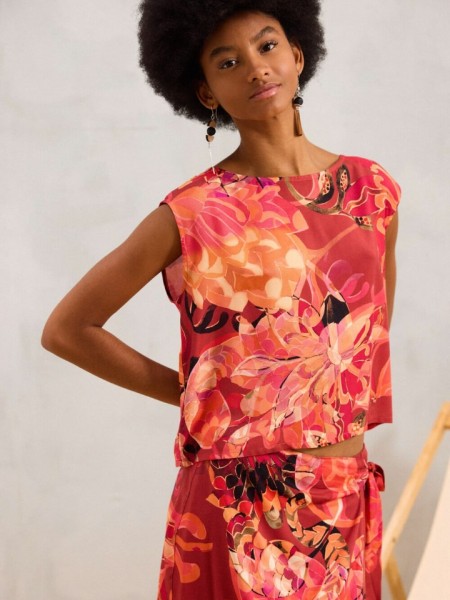 Floral printed πορτοκαλί αμάνικη μπλούζα YISETI σε τετράγωνη γραμμή, χαμόγελο λαιμόκοψη και κλείσιμο με διπλά κορδόνια στην πλάτη namaste