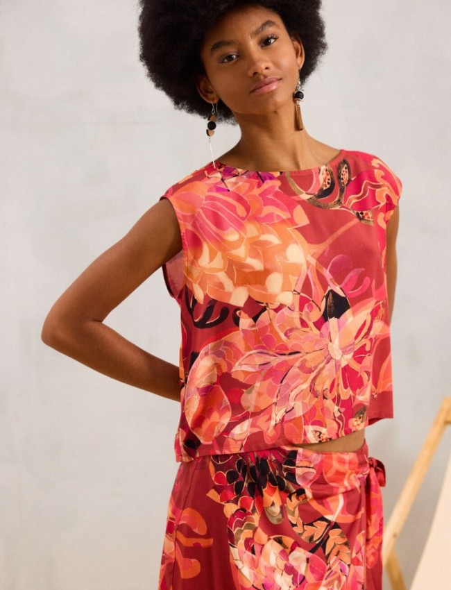 Floral printed πορτοκαλί αμάνικη μπλούζα YISETI σε τετράγωνη γραμμή, χαμόγελο λαιμόκοψη και κλείσιμο με διπλά κορδόνια στην πλάτη namaste