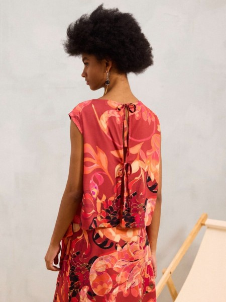 Floral printed πορτοκαλί αμάνικη μπλούζα YISETI σε τετράγωνη γραμμή, χαμόγελο λαιμόκοψη και κλείσιμο με διπλά κορδόνια στην πλάτη namaste