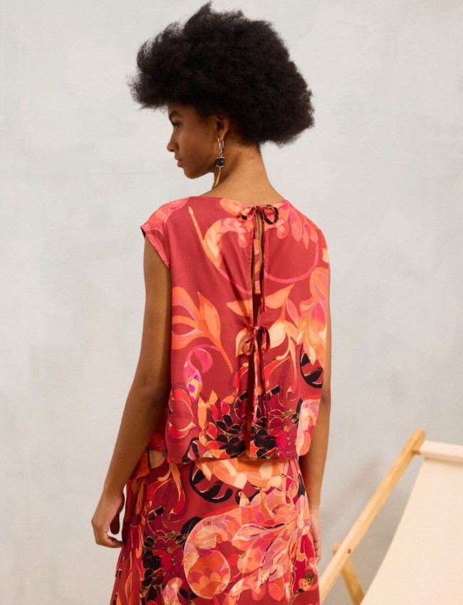 Floral printed πορτοκαλί αμάνικη μπλούζα YISETI σε τετράγωνη γραμμή, χαμόγελο λαιμόκοψη και κλείσιμο με διπλά κορδόνια στην πλάτη namaste