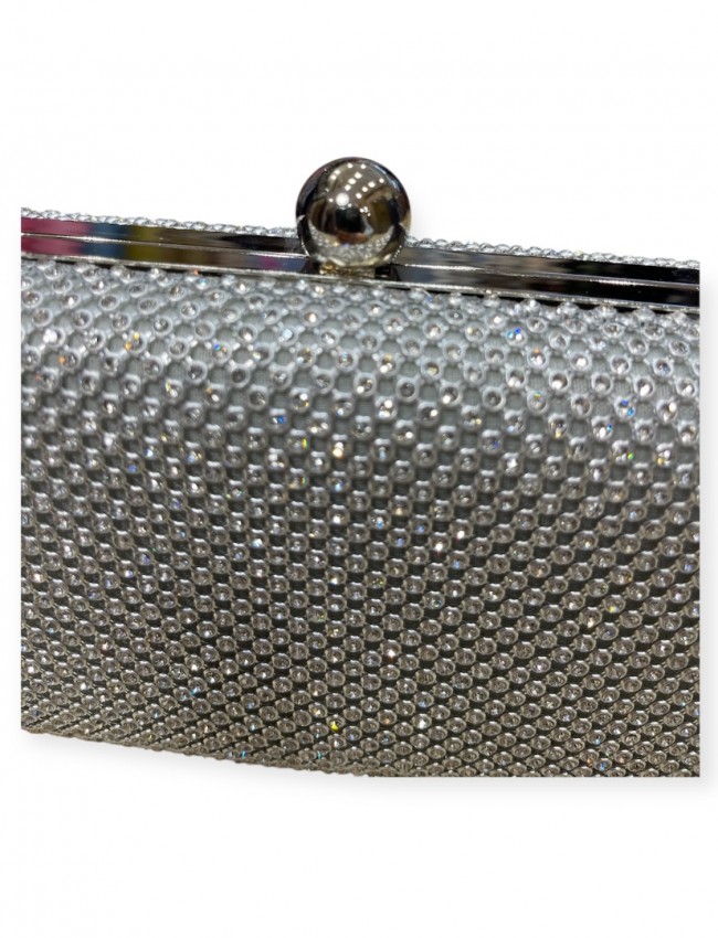 Ασημί στρασένια clutch τσάντα με αποσπώμενη αλυσίδα Romina exclusive