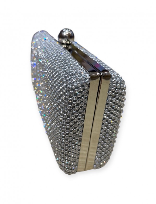 Ασημί στρασένια clutch τσάντα με αποσπώμενη αλυσίδα Romina exclusive