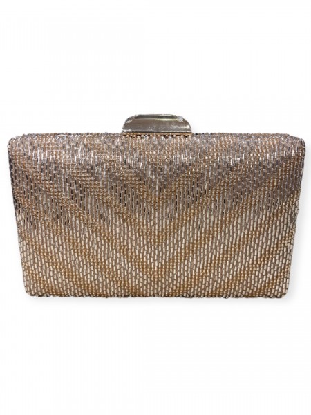 Χρυσή τσάντα clutch επενδεδυμένη με χάντρες και αποσπώμενη αλυσίδα Romina exclusive