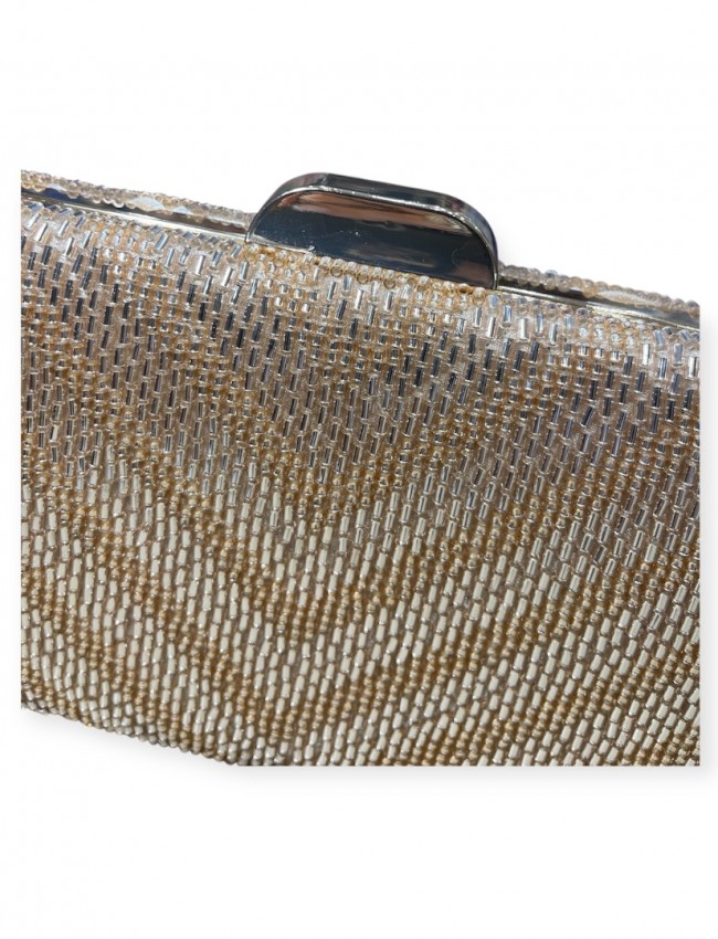 Χρυσή τσάντα clutch επενδεδυμένη με χάντρες και αποσπώμενη αλυσίδα Romina exclusive