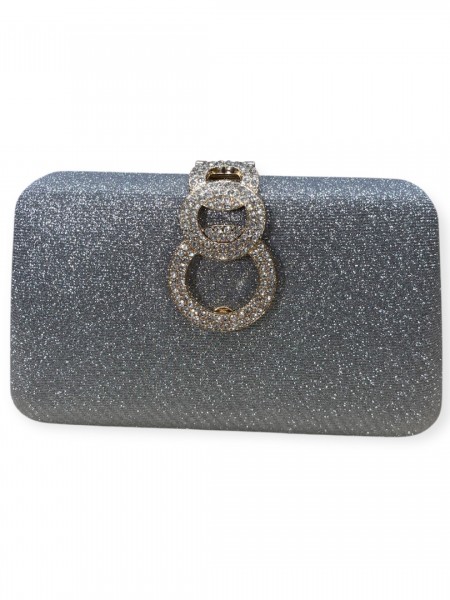 Ασημί στραφταλιζέ clutch τσαντάκι με στρασένιο κούμπωμα Romina exclusive
