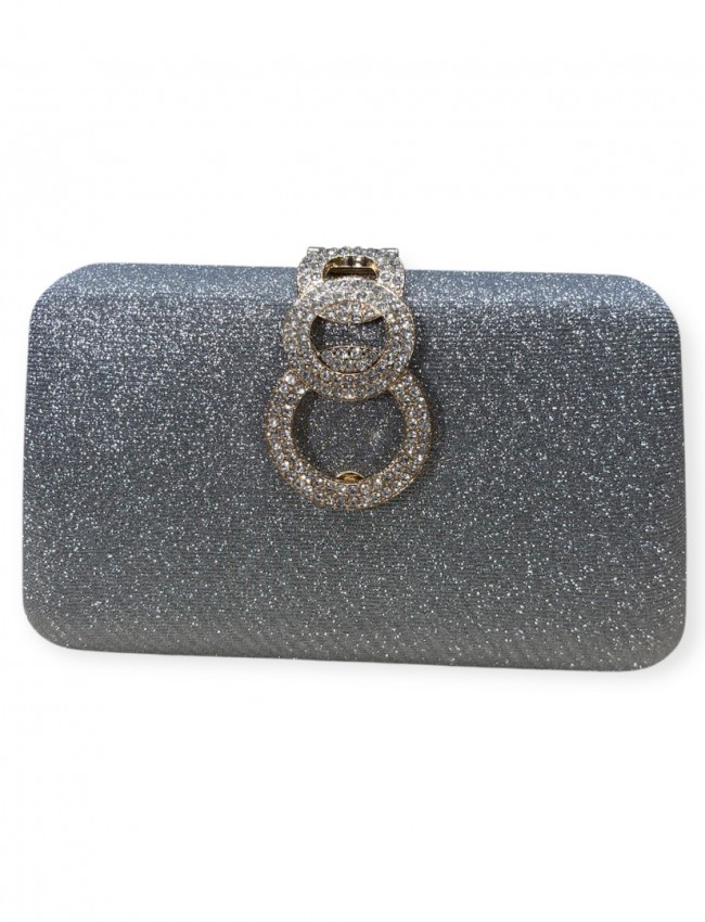 Ασημί στραφταλιζέ clutch τσαντάκι με στρασένιο κούμπωμα Romina exclusive