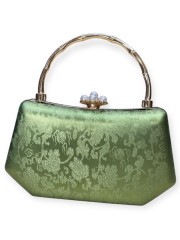 Olive σατέν brokar τσάντα clutch με σταθερό χερούλι, κούμπωμα με πέρλες και αποσπώμενη αλυσίδα Romina exclusive