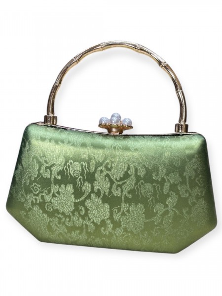 Olive σατέν brokar τσάντα clutch με σταθερό χερούλι, κούμπωμα με πέρλες και αποσπώμενη αλυσίδα Romina exclusive