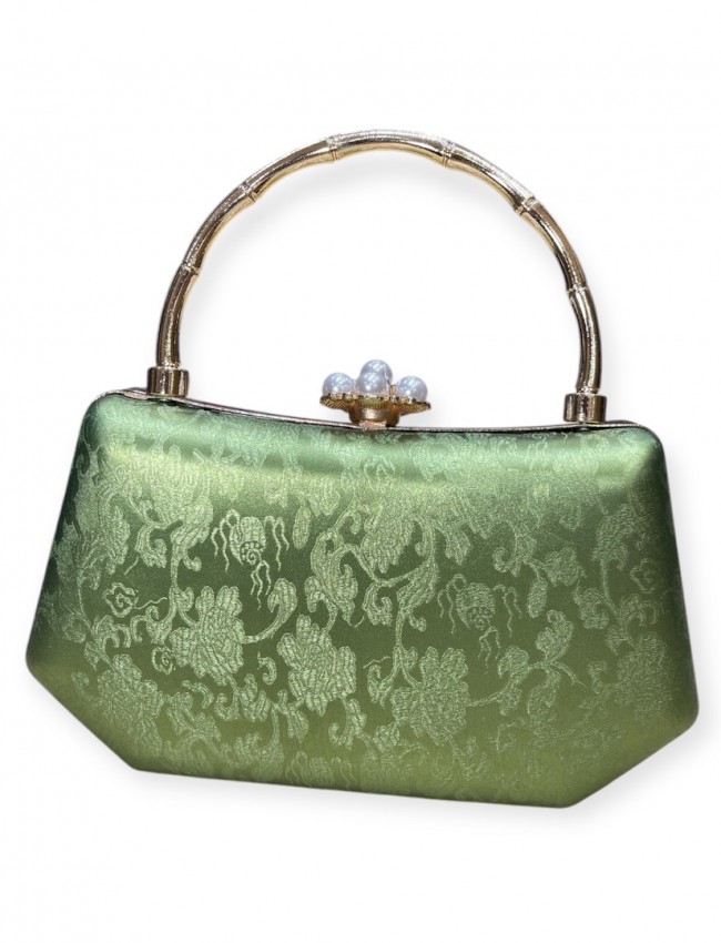 Olive σατέν brokar τσάντα clutch με σταθερό χερούλι, κούμπωμα με πέρλες και αποσπώμενη αλυσίδα Romina exclusive