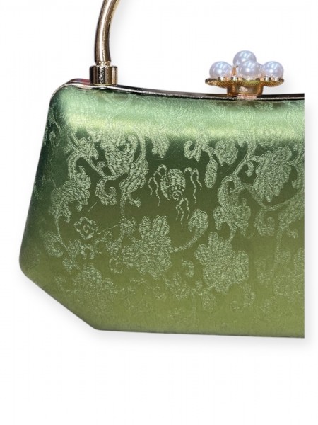 Olive σατέν brokar τσάντα clutch με σταθερό χερούλι, κούμπωμα με πέρλες και αποσπώμενη αλυσίδα Romina exclusive