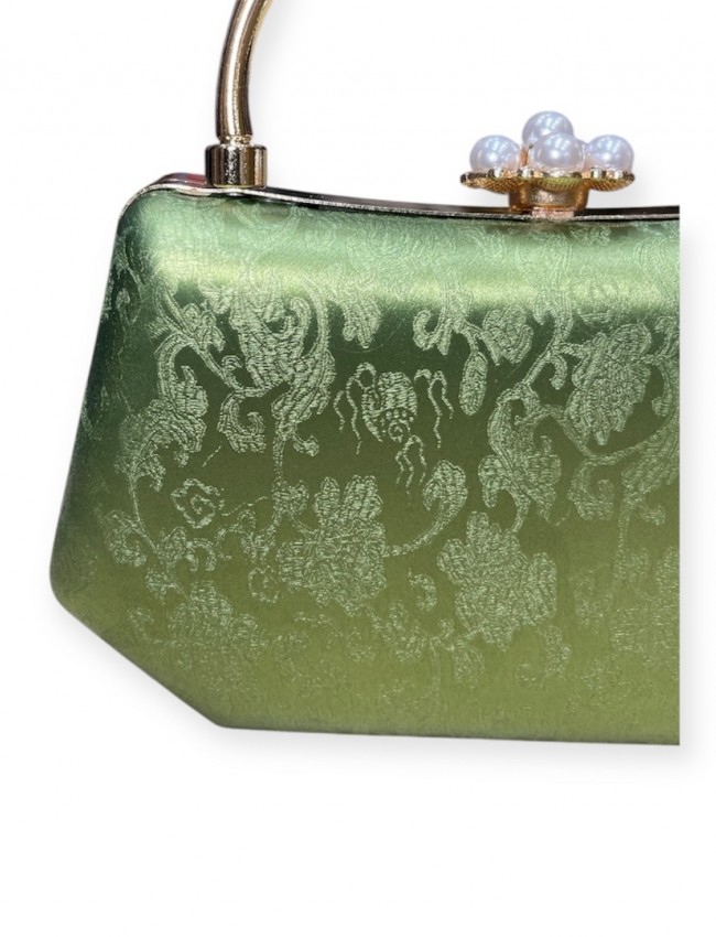 Olive σατέν brokar τσάντα clutch με σταθερό χερούλι, κούμπωμα με πέρλες και αποσπώμενη αλυσίδα Romina exclusive