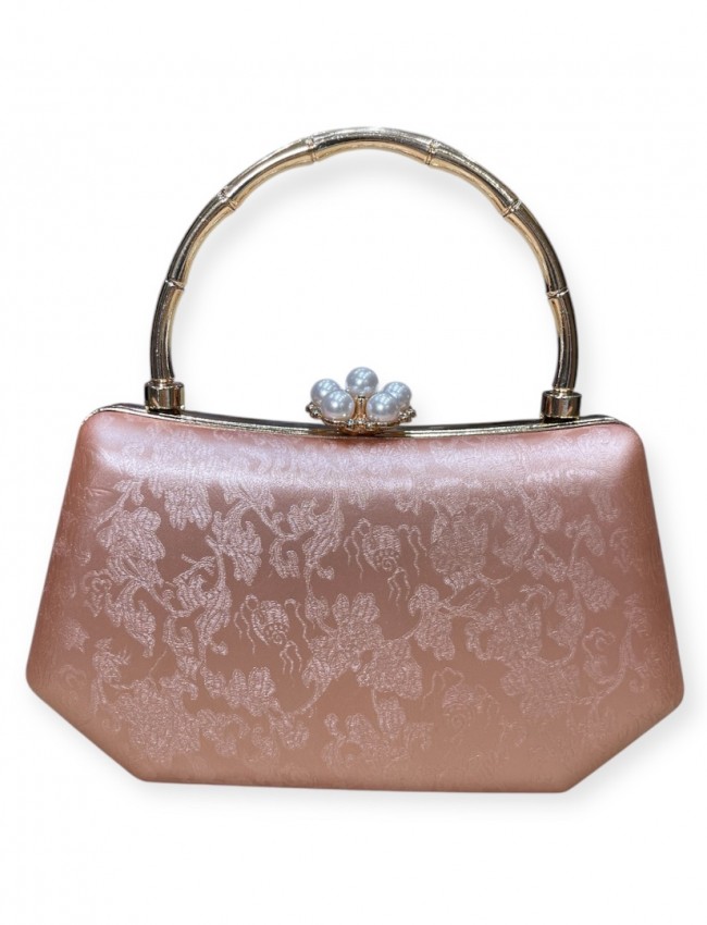 Nude σατέν brokar τσάντα clutch με σταθερό χερούλι, κούμπωμα με πέρλες και αποσπώμενη αλυσίδα Romina exclusive